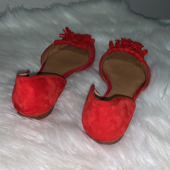 PUBLIC STORAGE TOOK J. CREW bright Red leather pointed Flats Sz 8 fringe suede - Picture 10 of 16